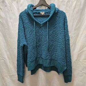 POL Teal Textured Popcorn Knit Hoodie Pullover Sweater Long Sleeve Size Large